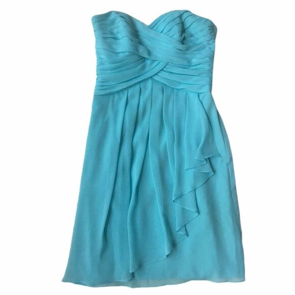 David’s Bridal Crinkle Chiffon Sweetheart Dress Blue Size 2 Bridesmaid Strapless - Picture 2 of 8
